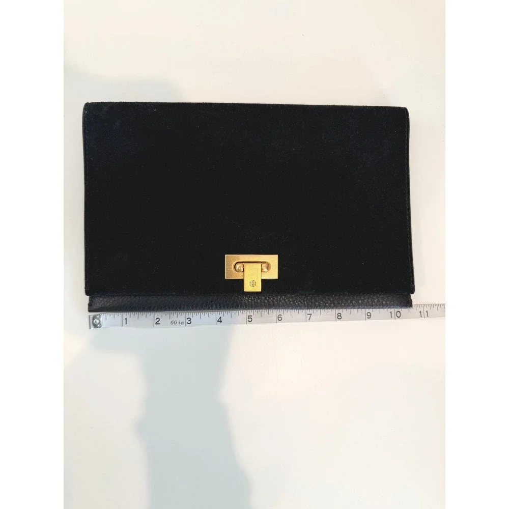 Tory Burch Carmen Suede Leather Clutch In Black, Gold Hardware - Picture 2 of 7